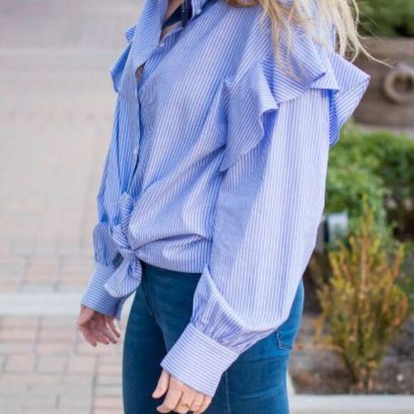Zara Blue and White Striped Ruffle Sleeve Button-Down Shirt - Picture 2 of 11